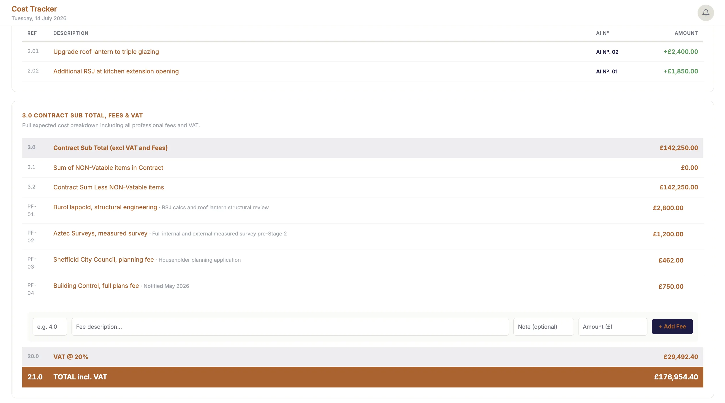 ProDatum architect project cost tracker showing contract value, fees and revised totals