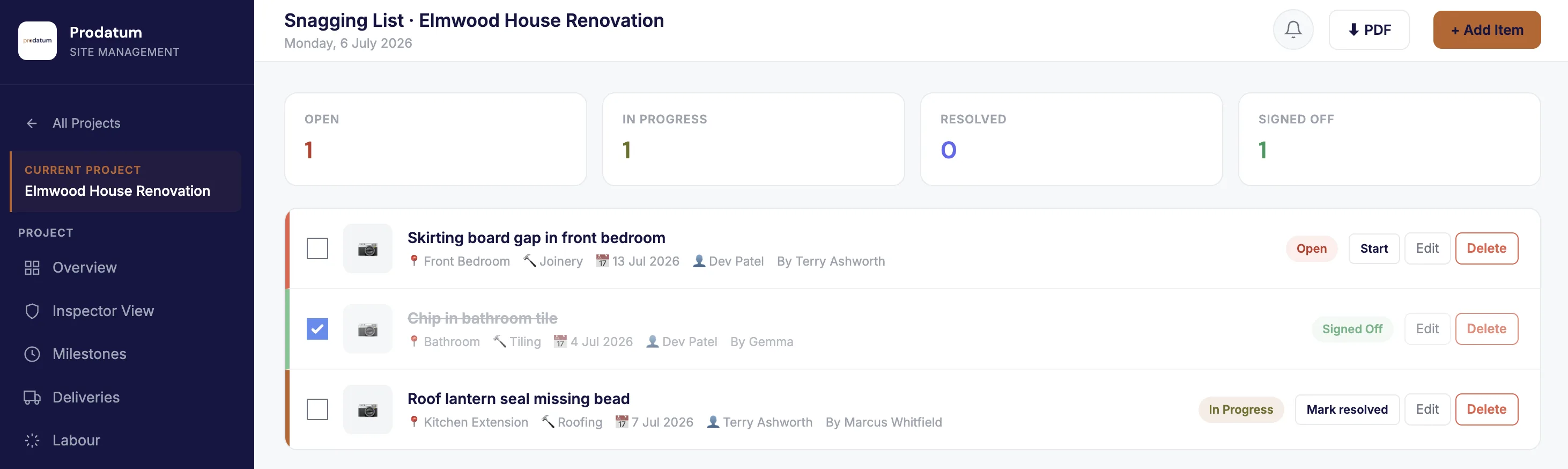 ProDatum construction snagging software showing snag items, trades and status