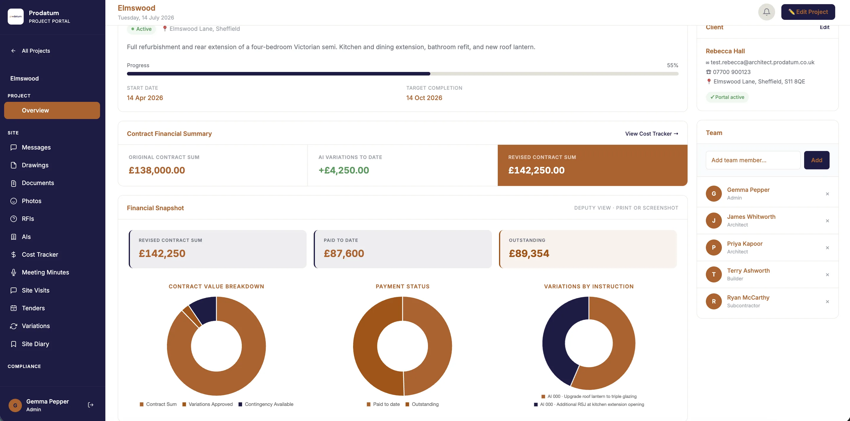 ProDatum architectural project financial dashboard with contract and variation totals